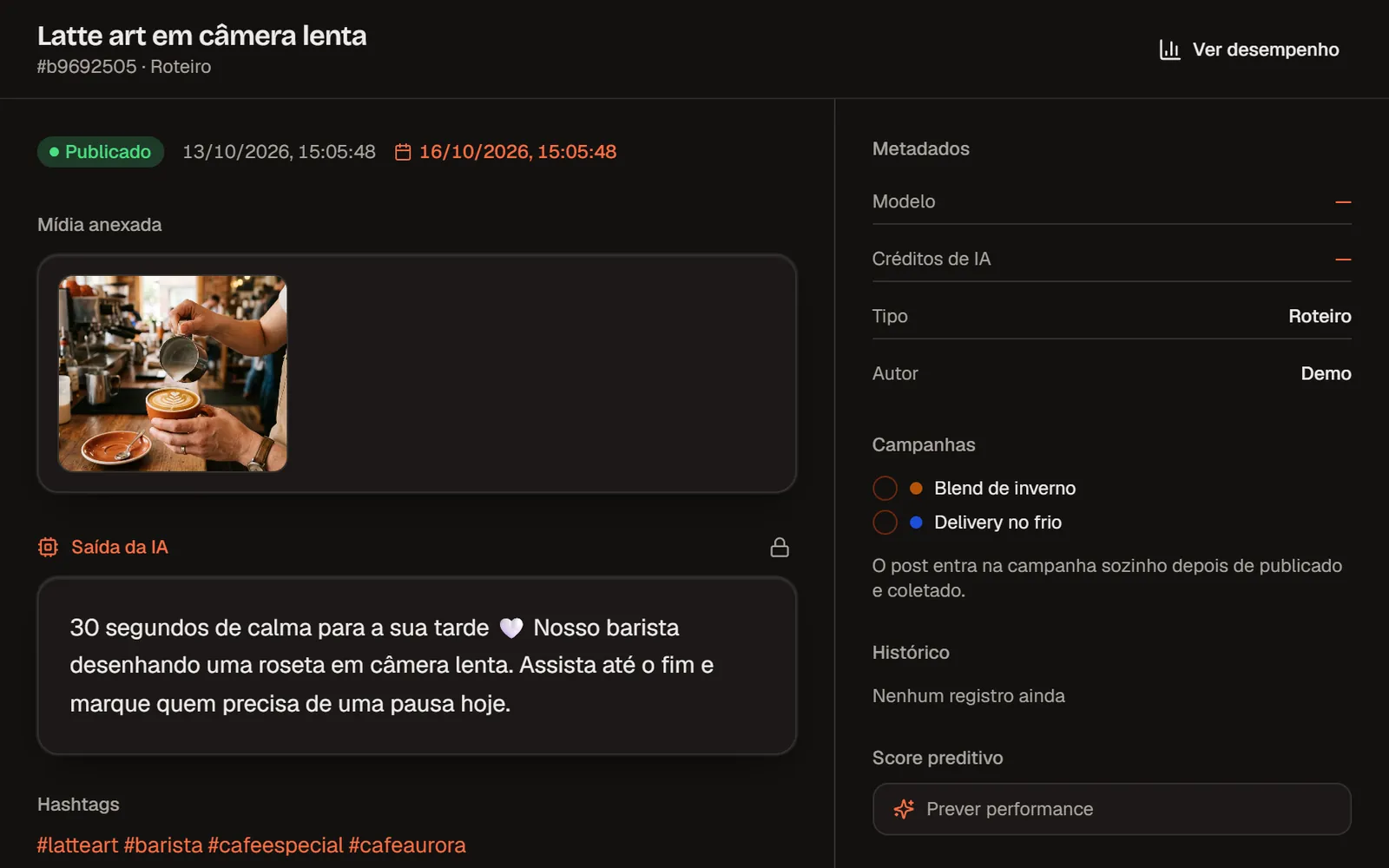 Conteúdo publicado com imagem, legenda gerada pela IA, hashtags e opções de publicação (dados de demonstração)